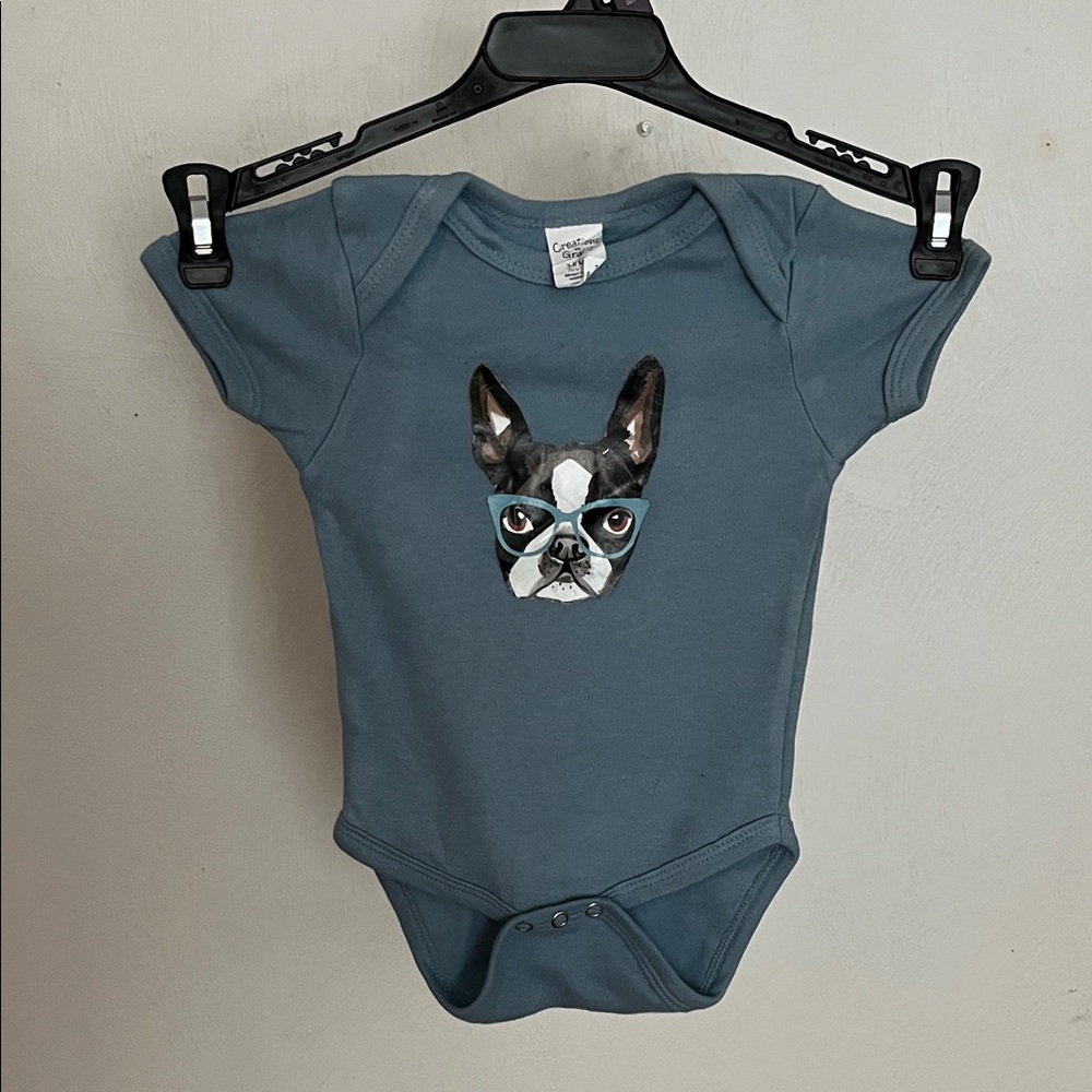 Blue Baby Onesie with Boston Terrier Dog Print
